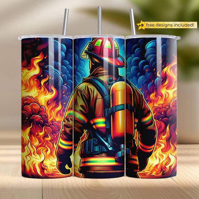 Heroic firefighter with flames and smoke – sublimation tumbler wrap PNG.