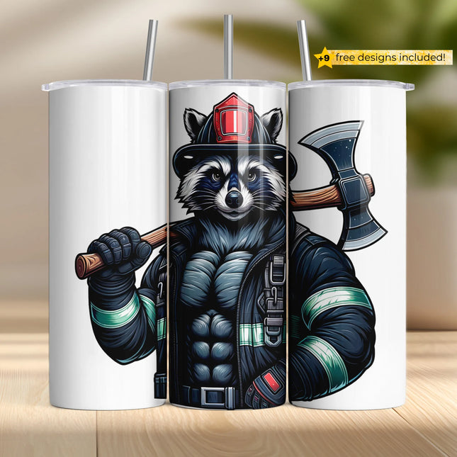 Muscular raccoon in firefighter gear tumbler wrap design with axe and bold attitude.