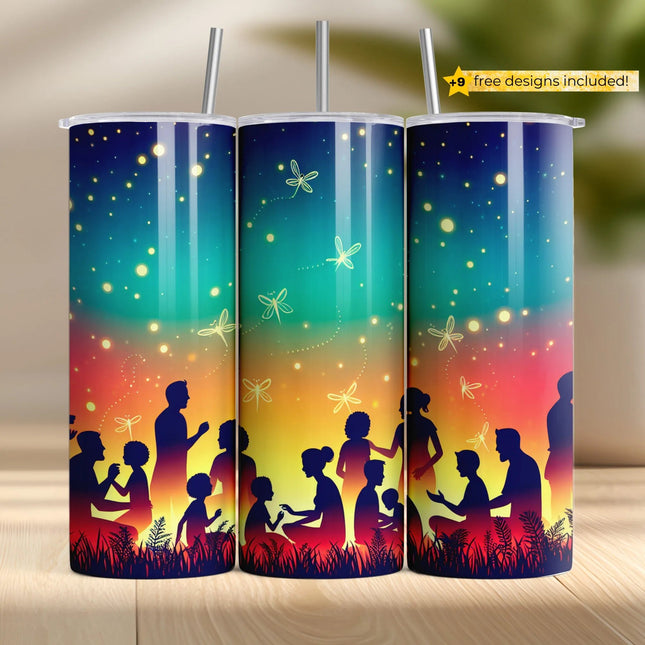 Digital wrap showing family silhouettes with fireflies against a glowing sunset for tumblers.
