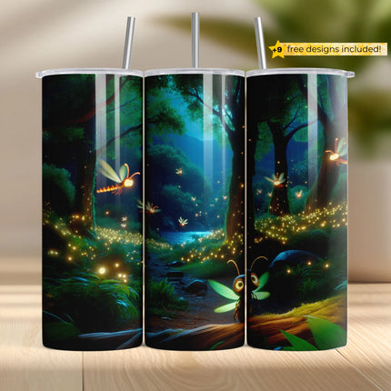 Buy tumbler png for sublimation – glowing firefly forest wrap with magical light and trees