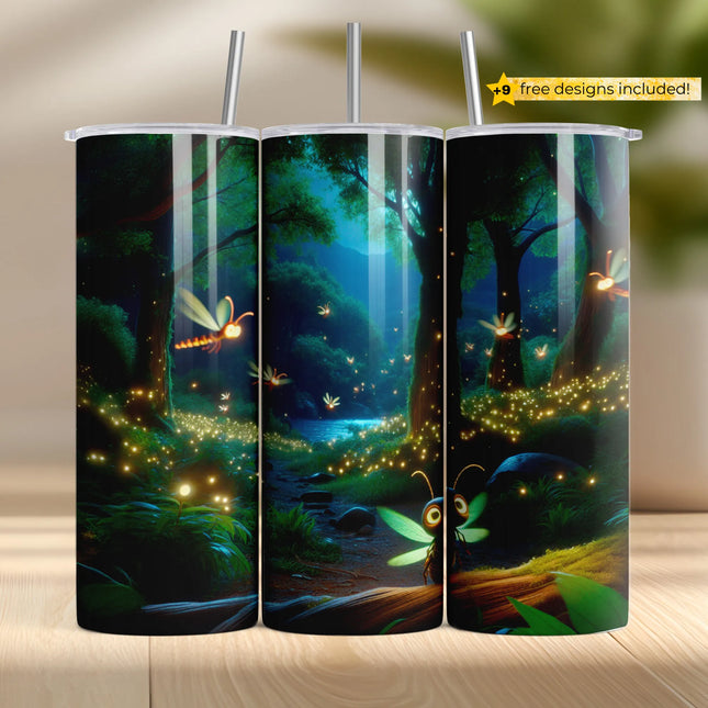 Buy tumbler png for sublimation – glowing firefly forest wrap with magical light and trees