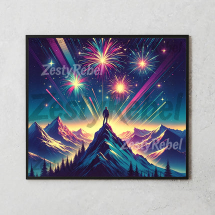 Mockup of 20oz skinny tumbler featuring mountain landscape and vibrant night sky fireworks.