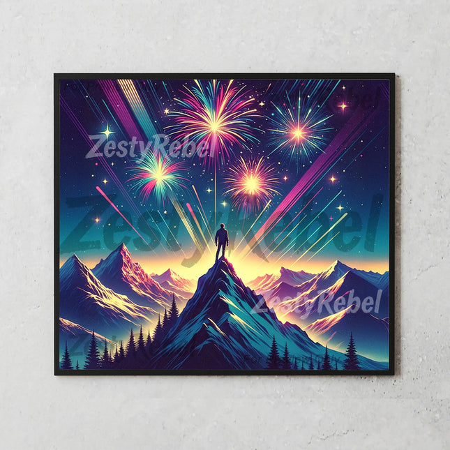 Mockup of 20oz skinny tumbler featuring mountain landscape and vibrant night sky fireworks.