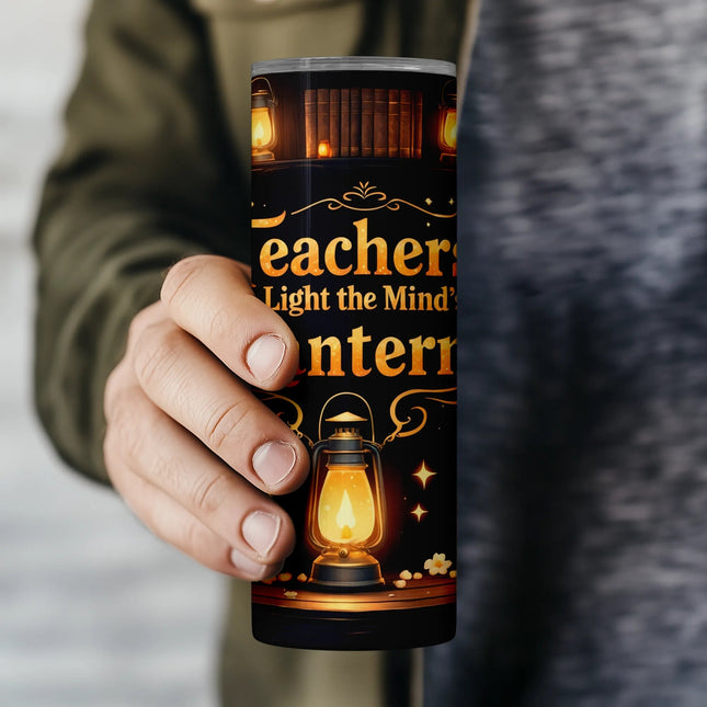 Flat PNG preview of teacher tumbler wrap with glowing lights, stacked books, and elegant florals – seamless sublimation digital download.
