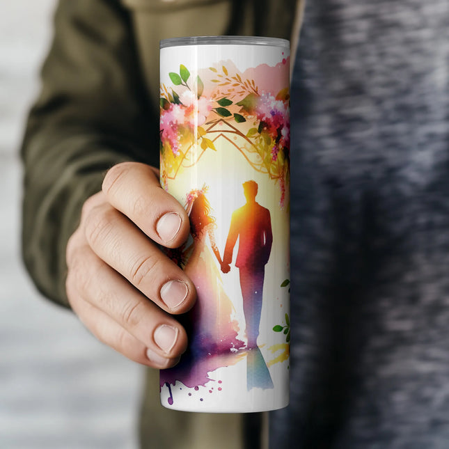 20oz skinny tumbler PNG with watercolor blooms and hand-holding couple – perfect for bridal keepsakes.