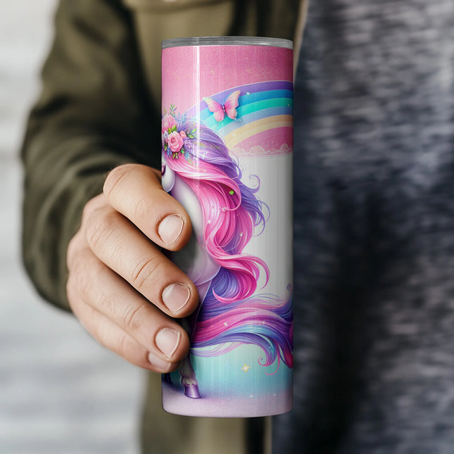 Unicorn with flowing rainbow mane and floral crown – ideal for print-on-demand tumblers.