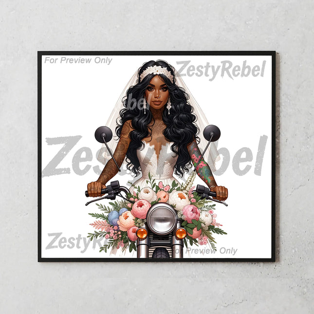 20oz tumbler wrap featuring tattooed bride with veil and bouquet on a bike – perfect for unique wedding designs.