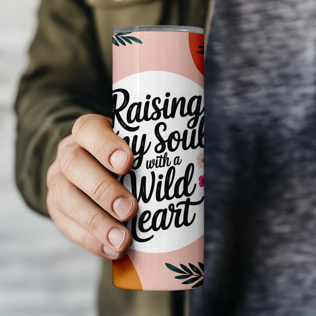 Digital download tumbler wrap featuring soft pinks, tropical flowers, and a quote for moms with a wild heart.