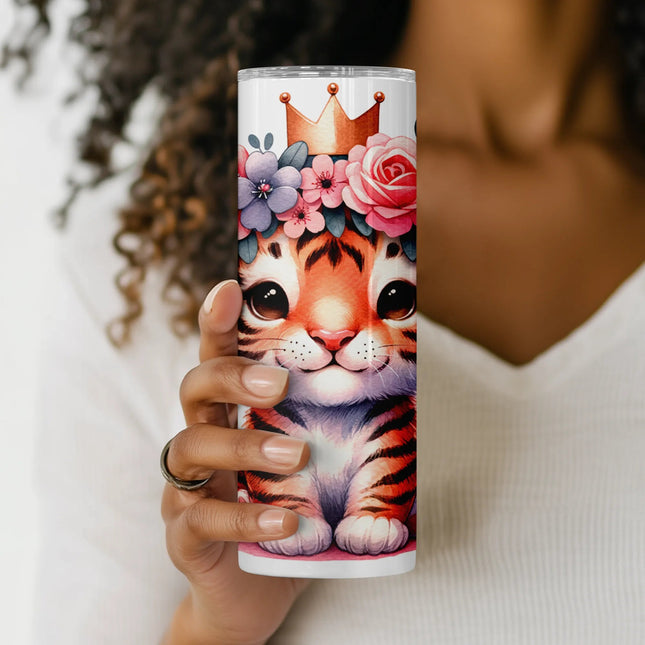 20oz skinny tumbler PNG with adorable tiger and pink spring flowers