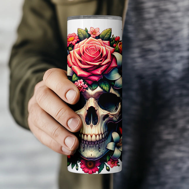 Flat PNG preview of floral skull tumbler sublimation wrap – perfect for digital download, DIY projects, and print on demand shops.