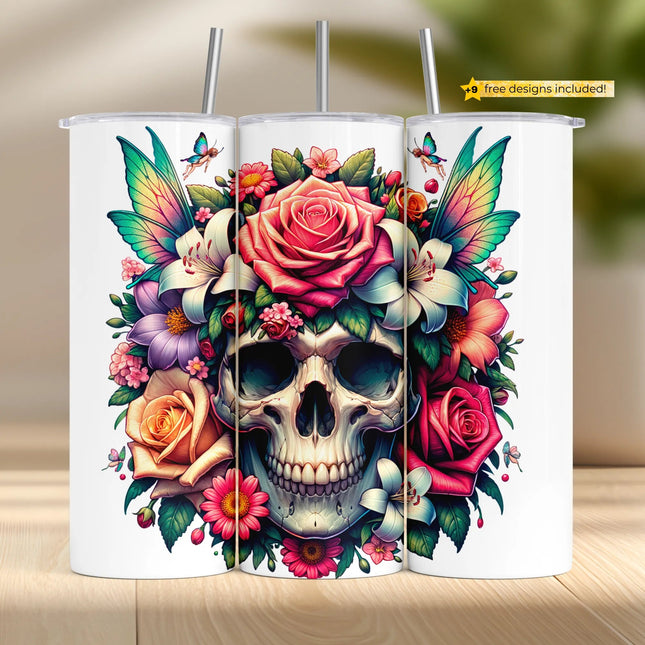 Tumbler sublimation wrap PNG featuring skull with colorful flowers, butterflies, and tattoo-style detailing – digital download for crafting and POD.