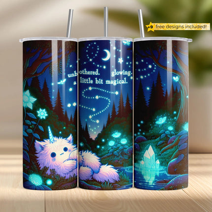 Sublimation wrap of pastel unicorn glowing in a forest with crystals and dreamy stars for 20oz tumblers.