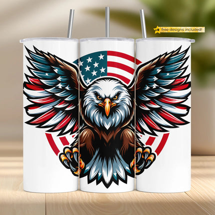 Bald eagle with patriotic wings flying over an American flag backdrop for 20oz sublimation tumbler.