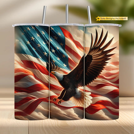 Bald eagle flying over American flag sublimation wrap PNG for 20oz tumblers – ideal digital download for patriotic crafting and POD.