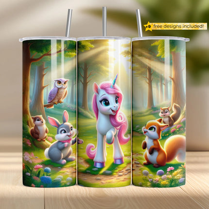 Whimsical sublimation tumbler wrap with unicorn, bunny, owl, and forest animals under sunlit trees.