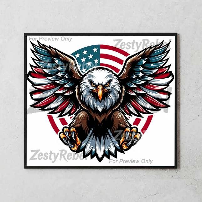 High-res PNG wrap with eagle in flight and red, white, and blue feathers for DIY and POD use.