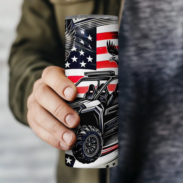 Sublimation wrap with bald eagles flying over a rugged UTV and American flag background.