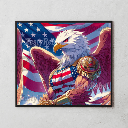 Patriotic eagle with gold shoulder emblem and red, white, blue outfit