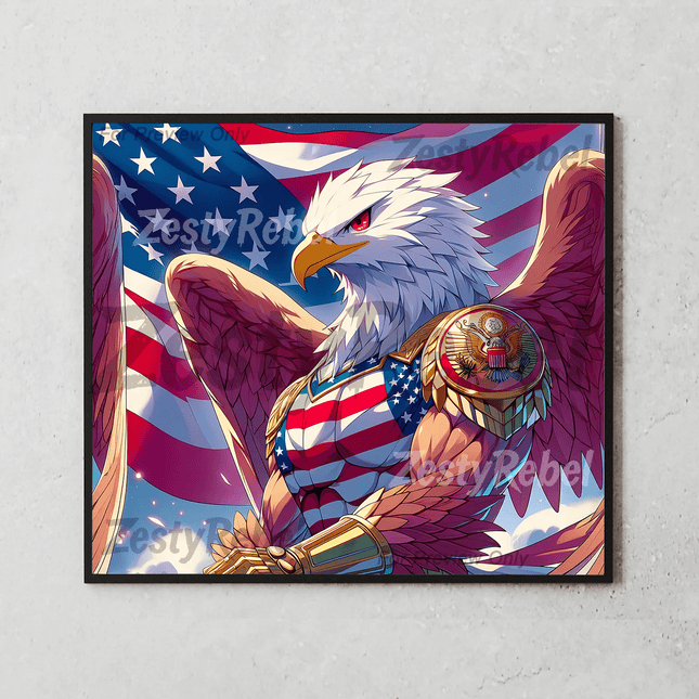 Patriotic eagle with gold shoulder emblem and red, white, blue outfit