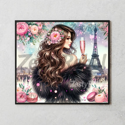 Feminine tumbler wrap PNG with glamorous girl, macarons, and florals.