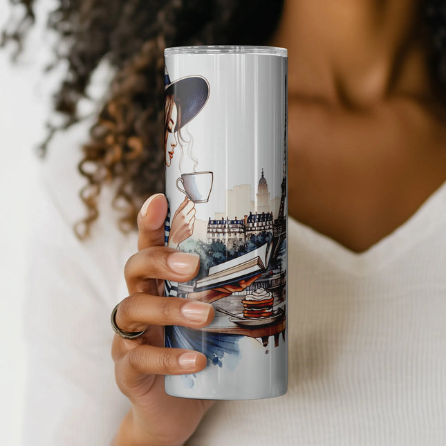Paris skyline design with relaxed chic reader, perfect for print-on-demand sublimation.