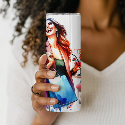 Bright watercolor design featuring laughing girlfriends and chic shopping vibes, ideal for tumblers.