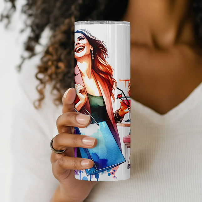 Bright watercolor design featuring laughing girlfriends and chic shopping vibes, ideal for tumblers.