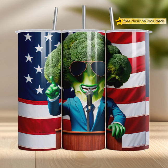 Digital tumbler wrap PNG with a broccoli president parody, speaking at podium with USA flag background.