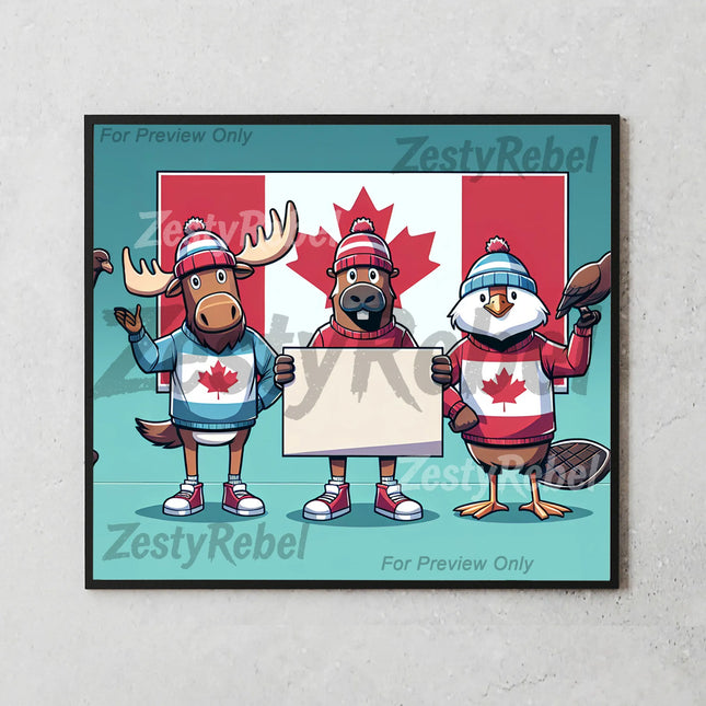 Cartoon Canadian animals with maple leaves – perfect for patriotic DIY crafts.