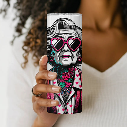 Digital tumbler wrap with rebellious older lady and bold finger gesture