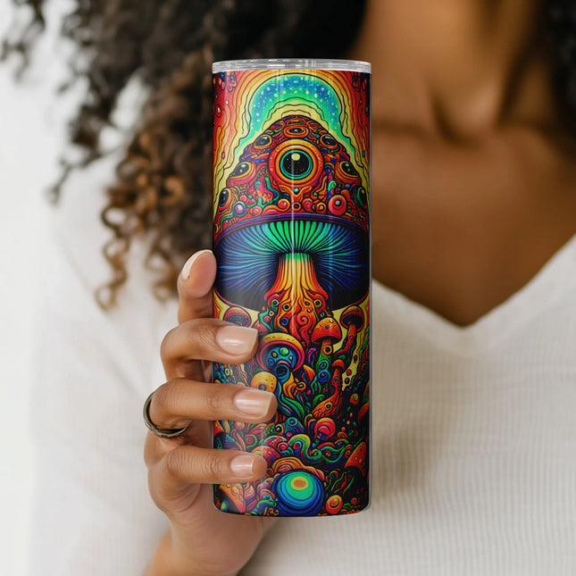 Bold cosmic mushroom landscape with stars, planets, and hypnotic patterns.