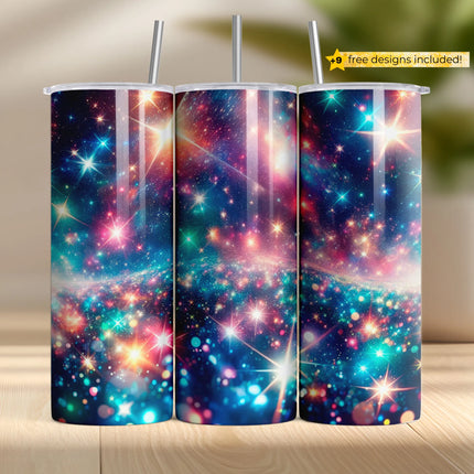 Buy tumbler png for sublimation – rainbow galaxy wrap with sparkling stars and cosmic light