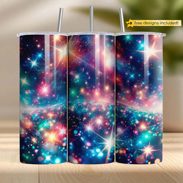 Buy tumbler png for sublimation – rainbow galaxy wrap with sparkling stars and cosmic light
