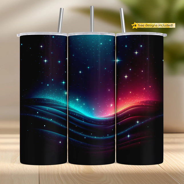 Buy galaxy wave tumbler png for sublimation – glowing starfield and neon space wrap