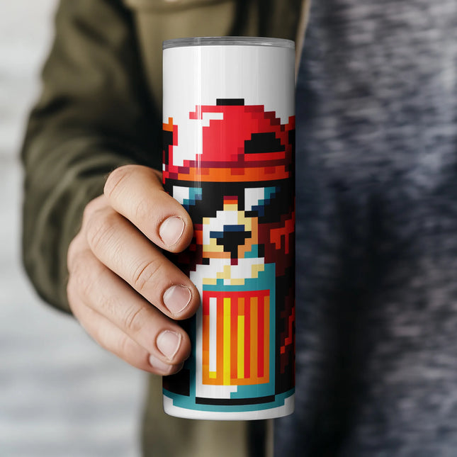 Cool pixel bear in shades holding a mug – fun sublimation file for skinny tumblers.