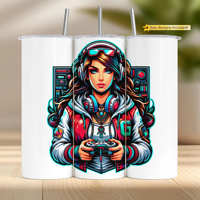 neon gamer girl with headphones and controller on tumbler wrap png design for sublimation