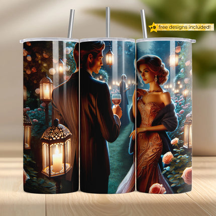 Sublimation PNG of elegant couple in rose garden with wine and glowing lanterns for 20oz tumblers.