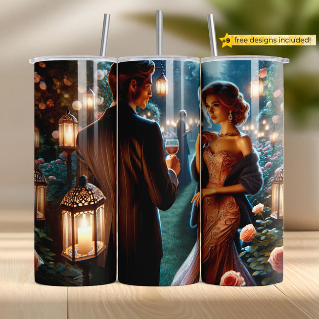 Sublimation PNG of elegant couple in rose garden with wine and glowing lanterns for 20oz tumblers.
