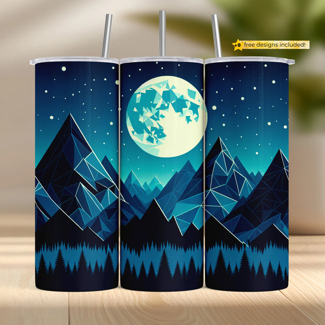 Buy geometric moon tumbler png for sublimation – polygonal night mountain digital wrap download