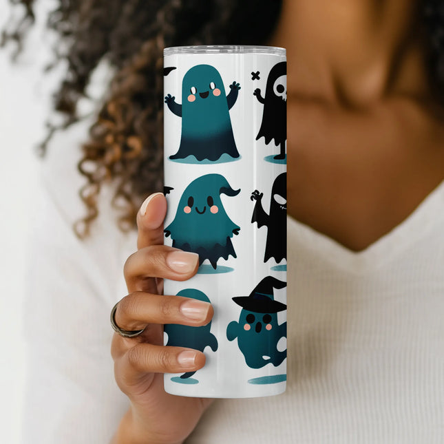 20oz sublimation tumbler wrap design with multiple cartoon ghost characters in a playful style.