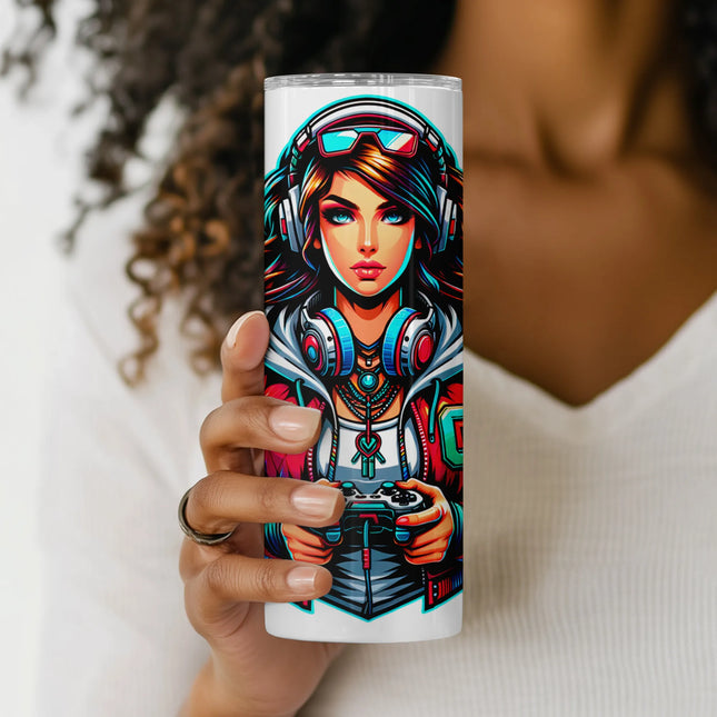 digital download png featuring girl gamer with neon elements for tumbler sublimation