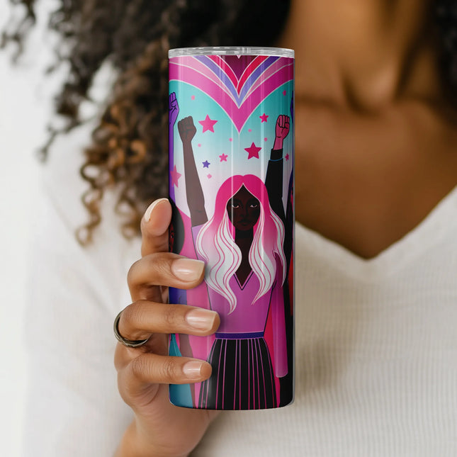 Digital tumbler design with strong women, pink stars, and unity symbolism – perfect for POD and DIY feminist gifts.