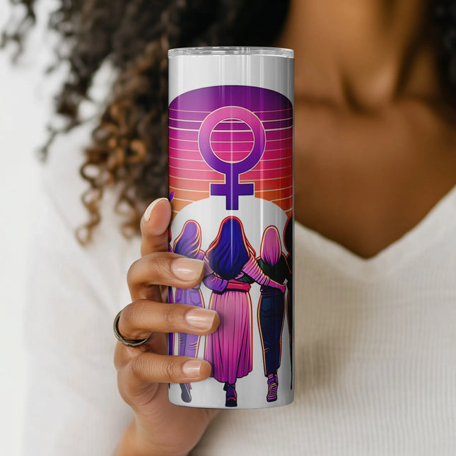 Empowering tumbler wrap design with women in harmony, Venus icon, and floral sunset – perfect for DIY gifts and POD use.