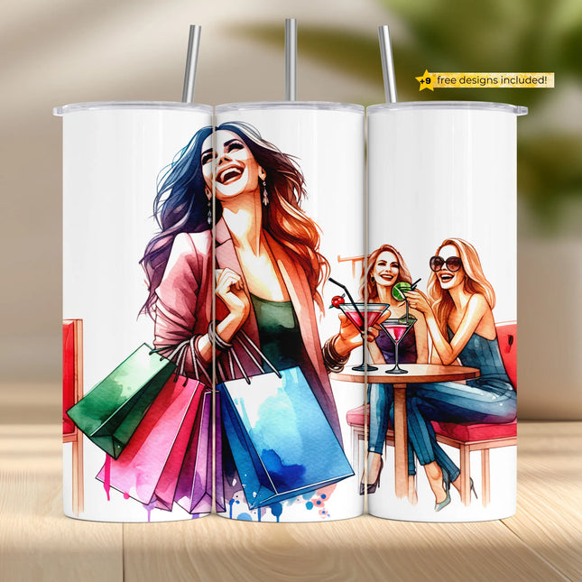 PNG tumbler wrap featuring stylish woman with shopping bags and friends enjoying colorful cocktails.
