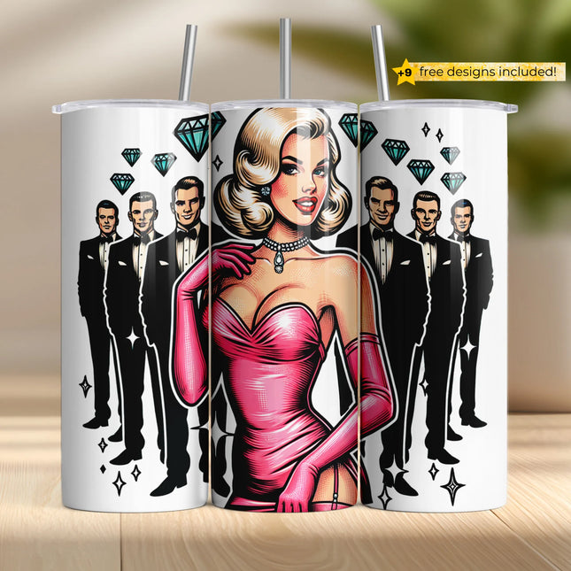 Hollywood style diva with diamonds and tuxedo men – sublimation wrap PNG for tumblers.