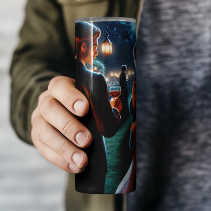 Elegant tumbler wrap PNG with luxury wedding scene and warm candle glow in floral setting.