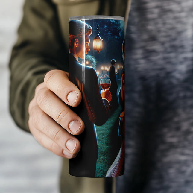Elegant tumbler wrap PNG with luxury wedding scene and warm candle glow in floral setting.