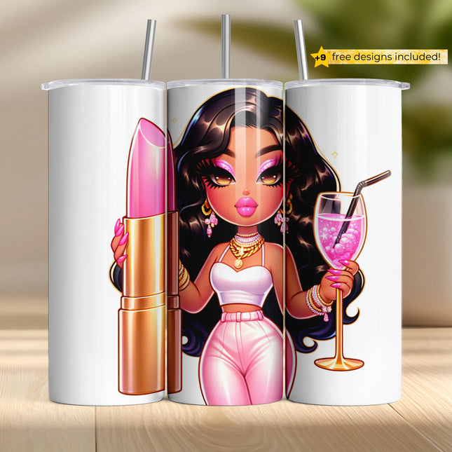 Glamorous tumbler wrap PNG with pink lipstick, diva, and sparkling cocktail.