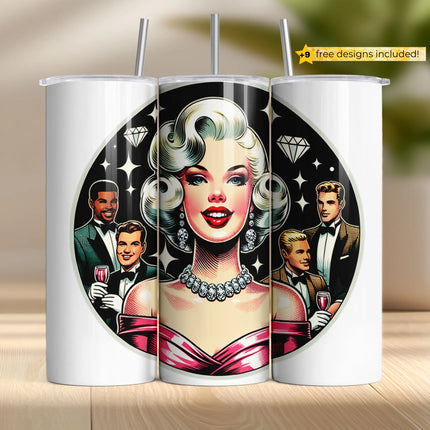 Vintage Hollywood diva in diamond jewelry with tuxedoed men, PNG tumbler wrap for sublimation.