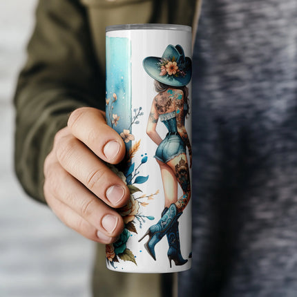 Feminine Western tumbler design with detailed blue roses, high-heeled boots, and country concert flair.